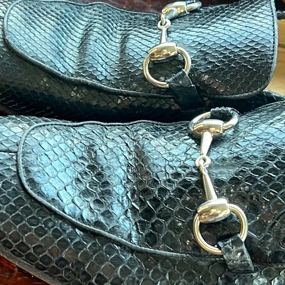 GUCCI BLACK PYTHON SNAKESKIN SILVER HORSE BIT BUCKLE CLASSIC LOAFERS 👞SIZE 7 1/2