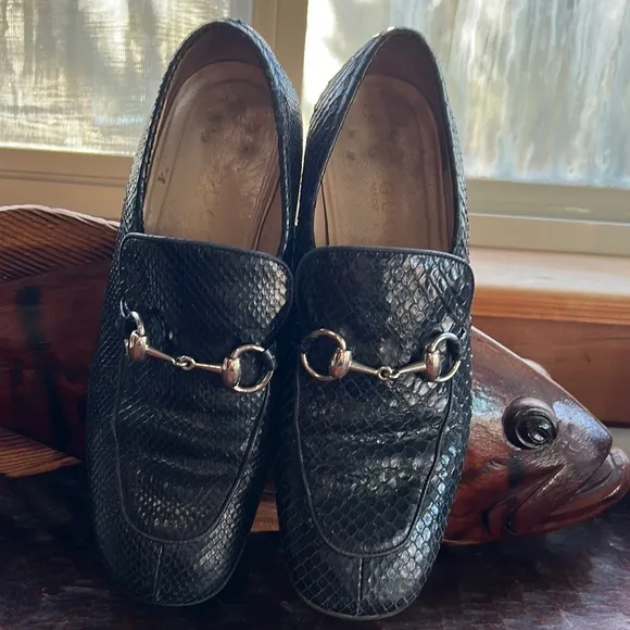 GUCCI BLACK PYTHON SNAKESKIN SILVER HORSE BIT BUCKLE CLASSIC LOAFERS 👞SIZE 7 1/2