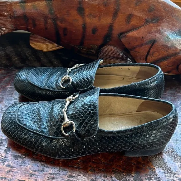 GUCCI BLACK PYTHON SNAKESKIN SILVER HORSE BIT BUCKLE CLASSIC LOAFERS 👞SIZE 7 1/2