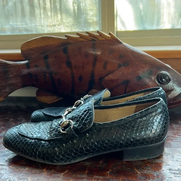GUCCI BLACK PYTHON SNAKESKIN SILVER HORSE BIT BUCKLE CLASSIC LOAFERS 👞SIZE 7 1/2