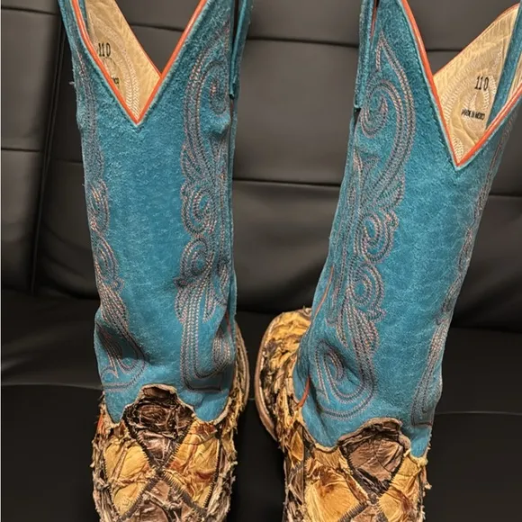 Handcrafted Blue and Brown Cowboy Boots
