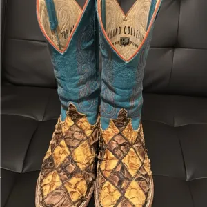 Handcrafted Blue and Brown Cowboy Boots