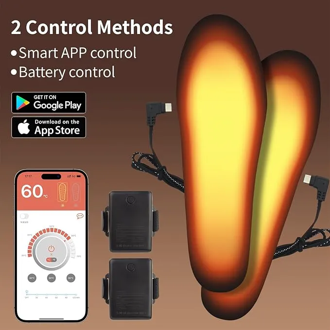 Heated Insoles, APP Control Heated Insoles for Women Men, 5000mAh Rechargeable Foot Toe Warmer Insoles, Electric Heated Shoes Insoles for Hiking Camping Skiing Hunting Outdoor Work, Thermal Insoles