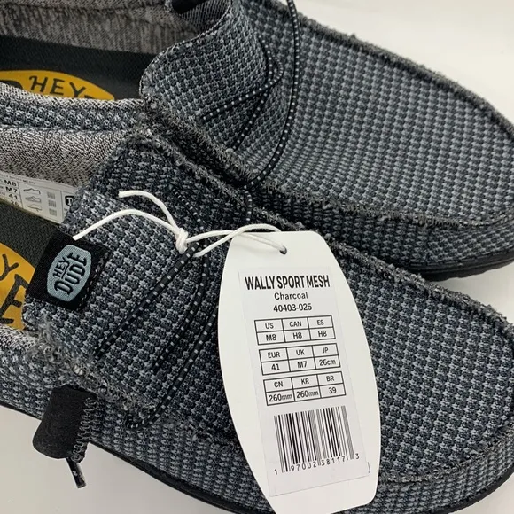Hey Dude NWT Wally Sport Mesh Charcoal Gray 8 Slip-On Shoes Casual Minimalist