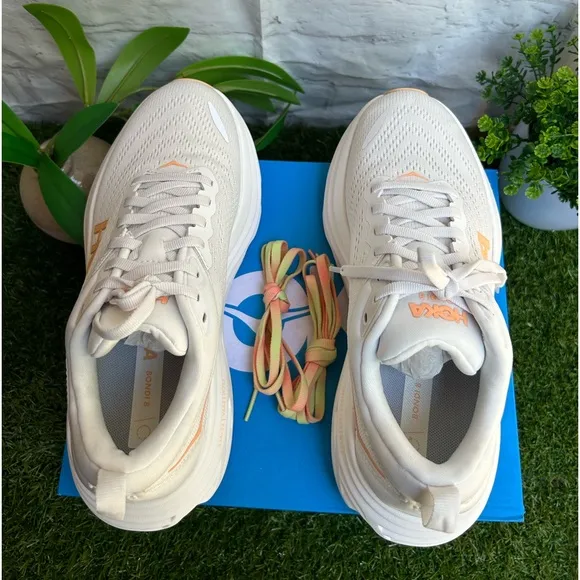 HOKA Bondi 8 sneakers women size 8 White / Cantaloupe New Season Women$171