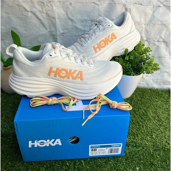 HOKA Bondi 8 sneakers women size 8 White / Cantaloupe New Season Women$171