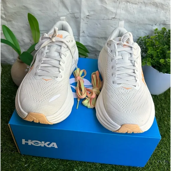 HOKA Bondi 8 sneakers women size 8 White / Cantaloupe New Season Women$171