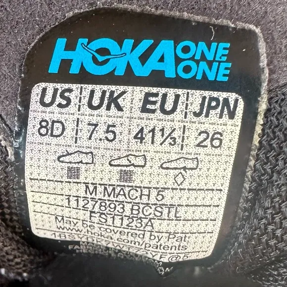 Hoka One One Mach 5 Black Castlerock - Size 8D Men’s (1127893 BCSTL)