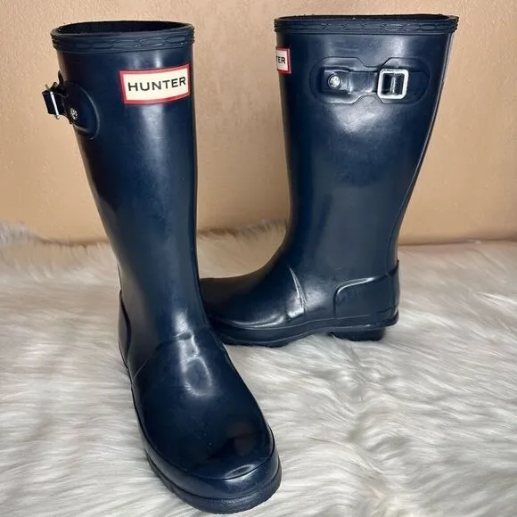 Hunter Kids Original Gloss Rain Play Boots Navy US Girls 4 Boys 3