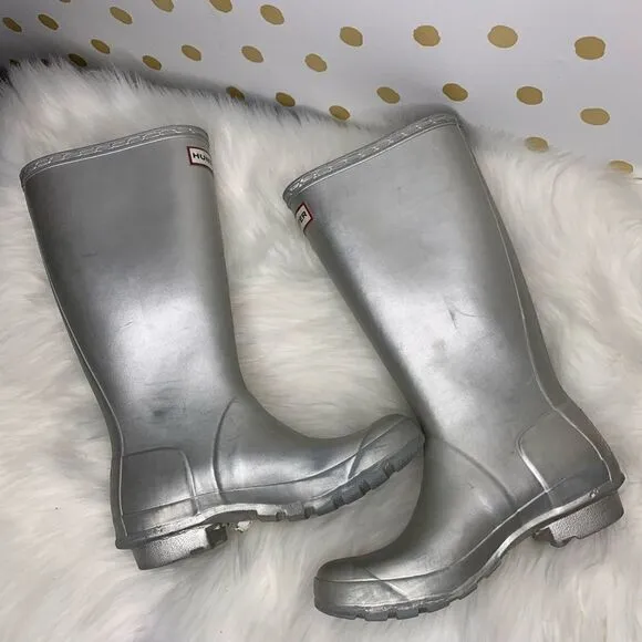 Hunter Metallic Silver Tall Rain Boots Size 5