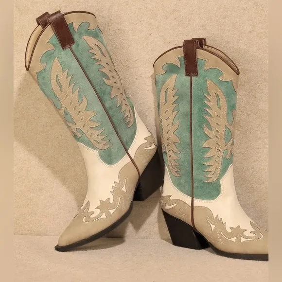 IDALY Western Boho Chic Turquoise White &amp; Tan Vegan Leather Cowboy Boots