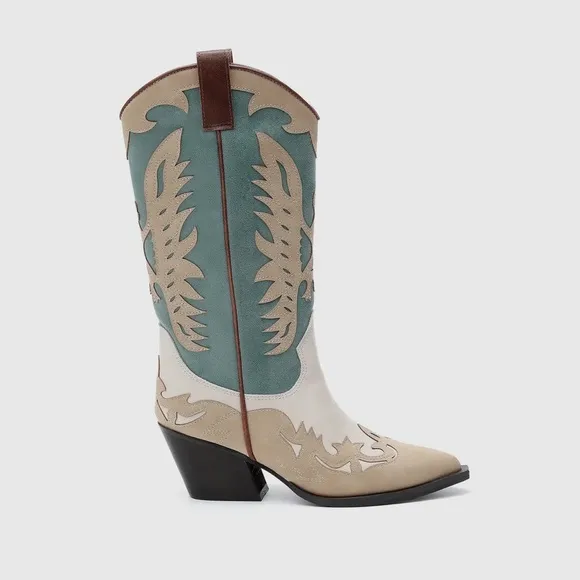 IDALY Western Boho Chic Turquoise White &amp; Tan Vegan Leather Cowboy Boots