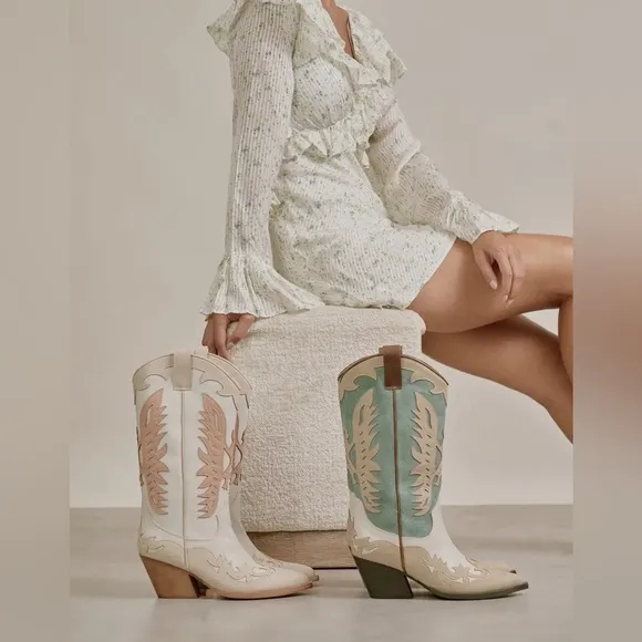 IDALY Western Boho Chic Turquoise White &amp; Tan Vegan Leather Cowboy Boots