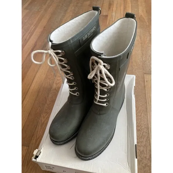 Ilse Jacobsen Rub15 Rain Boots Tie 41 Army Green Mid Calf Rubber 9.5-10