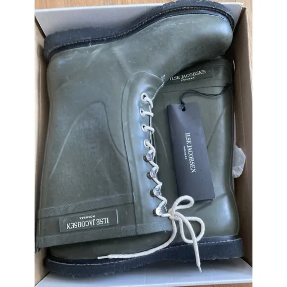 Ilse Jacobsen Rub15 Rain Boots Tie 41 Army Green Mid Calf Rubber 9.5-10