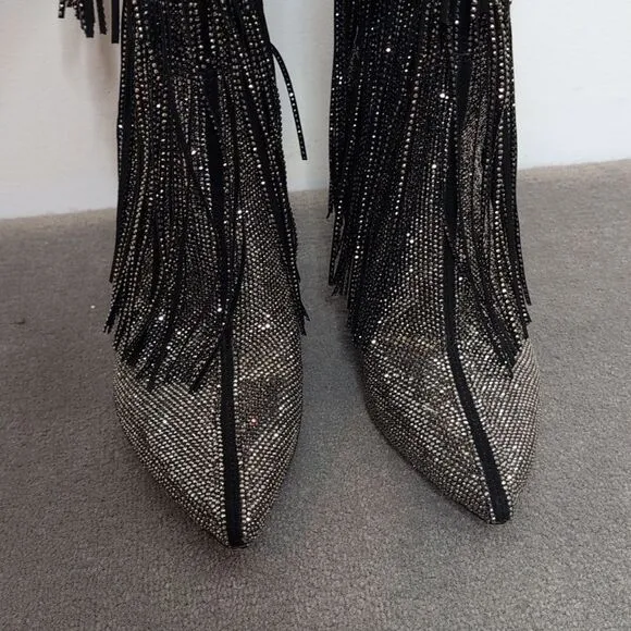 I.N.C. size 6 Ishani Black Rhinestone Studded Fringe Boot, NEW