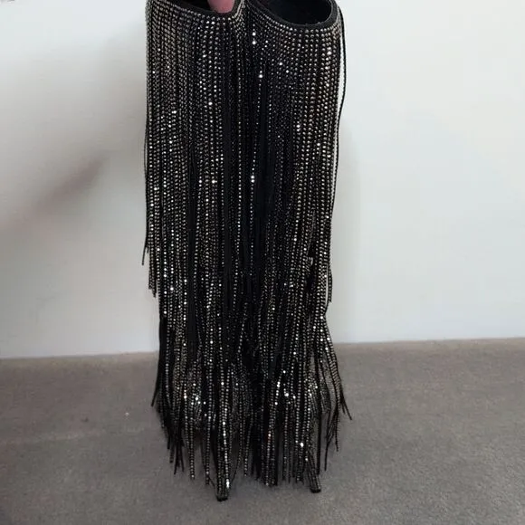 I.N.C. size 6 Ishani Black Rhinestone Studded Fringe Boot, NEW
