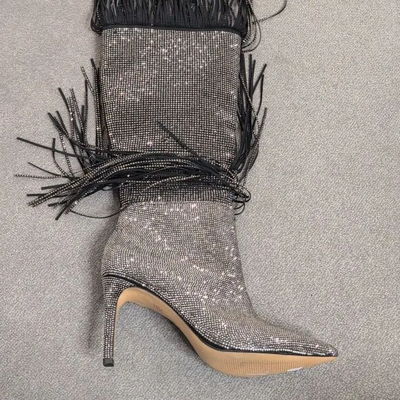 I.N.C. size 6 Ishani Black Rhinestone Studded Fringe Boot, NEW
