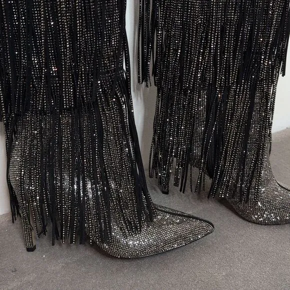 I.N.C. size 6 Ishani Black Rhinestone Studded Fringe Boot, NEW