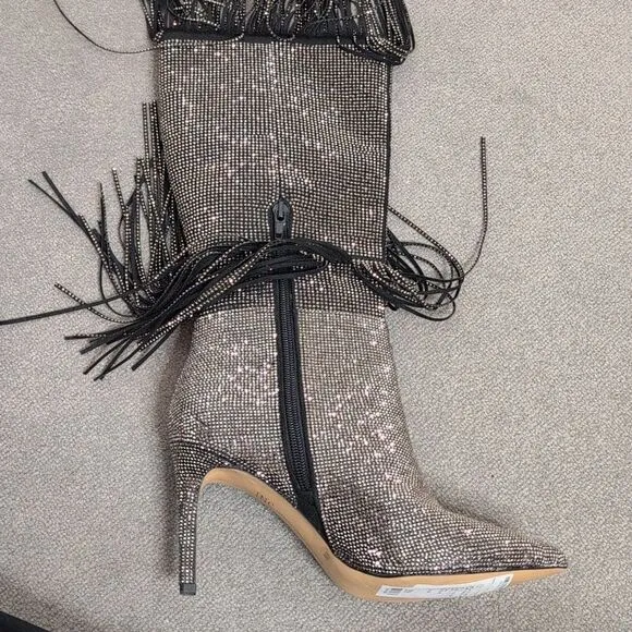 I.N.C. size 6 Ishani Black Rhinestone Studded Fringe Boot, NEW