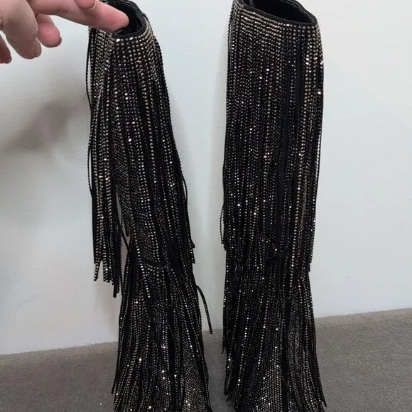 I.N.C. size 6 Ishani Black Rhinestone Studded Fringe Boot, NEW