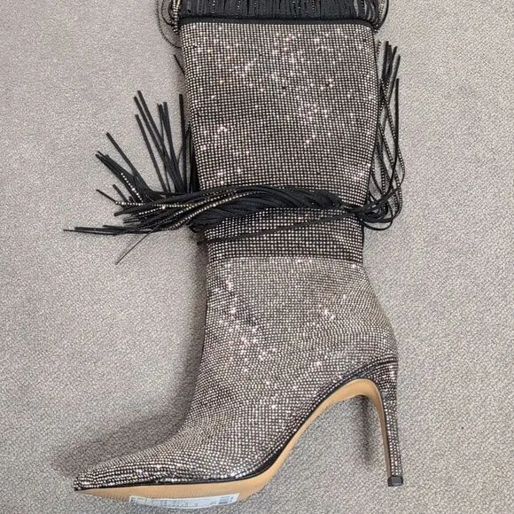 I.N.C. size 6 Ishani Black Rhinestone Studded Fringe Boot, NEW