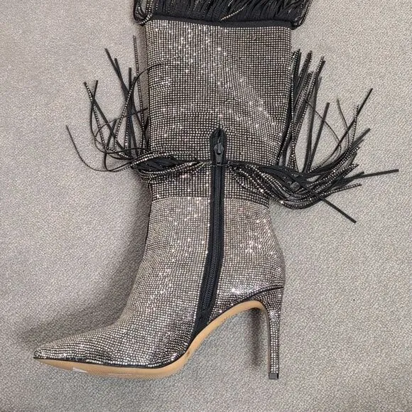 I.N.C. size 6 Ishani Black Rhinestone Studded Fringe Boot, NEW