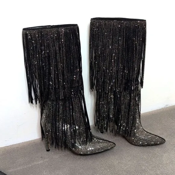 I.N.C. size 6 Ishani Black Rhinestone Studded Fringe Boot, NEW