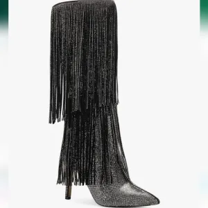 I.N.C. size 6 Ishani Black Rhinestone Studded Fringe Boot, NEW