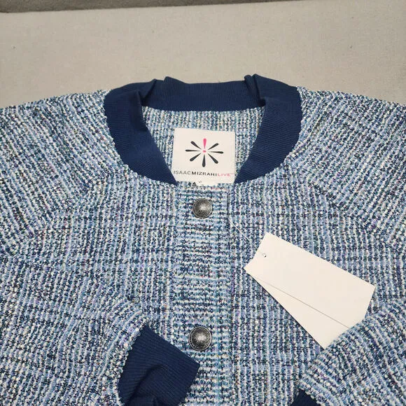 Isaac Mizrahi Live! Women's Boucle Tweed Bomber Jacket Royal Navy Sz L - NEW