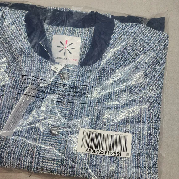 Isaac Mizrahi Live! Women's Boucle Tweed Bomber Jacket Royal Navy Sz L - NEW
