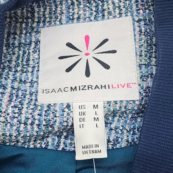 Isaac Mizrahi Live! Women's Boucle Tweed Bomber Jacket Royal Navy Sz L - NEW