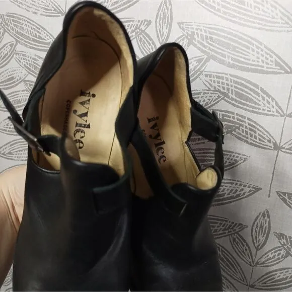 Ivylee Copenhagen Boot Ankle Heeled Buckle Almond Toe Black Leather Boho Western