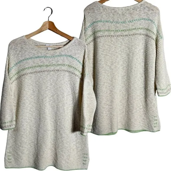 J. Jill Boat Neck Embroidered Sweater Pullover Women's Medium Ivory Textured
