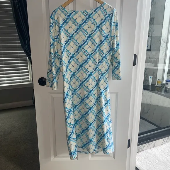 J. McLaughlin Sage Sheath Dress Ruched Blue Lattice Rare Colorway $228 Sz XL