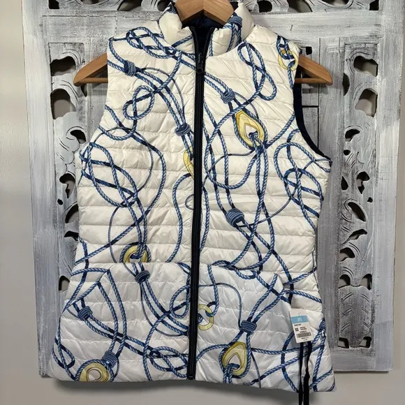 J. McLaughlin White/Blue Togglewood Tahoe Reversible Down Puffer Vest NWT
