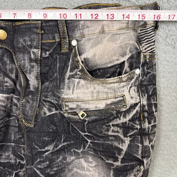 Japanese Acid Wash Men's Moto Jeans Gray Black Wrinkle Wash Size 32