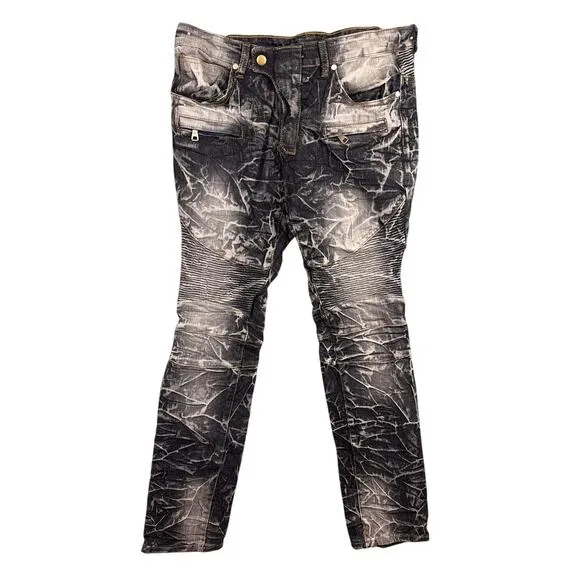 Japanese Acid Wash Men's Moto Jeans Gray Black Wrinkle Wash Size 32