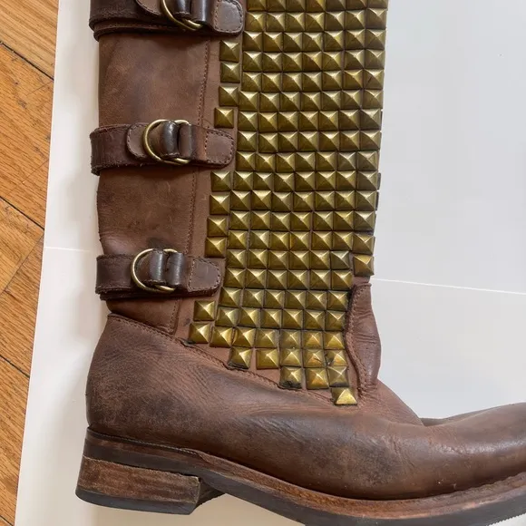 Jeffrey Campbell Brown Leather Gold Studded Boots Biker Gothic Women’s 10 Heavy