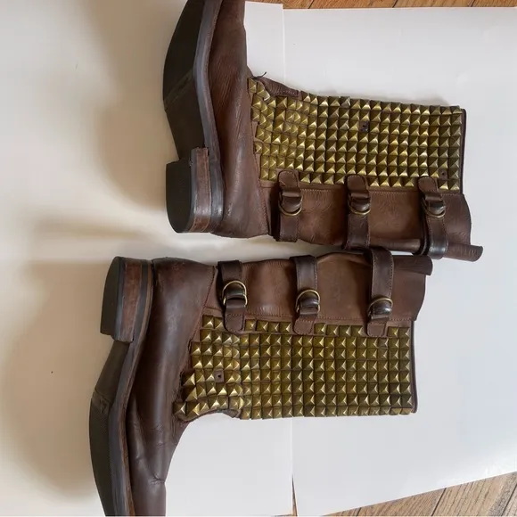 Jeffrey Campbell Brown Leather Gold Studded Boots Biker Gothic Women’s 10 Heavy