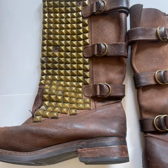 Jeffrey Campbell Brown Leather Gold Studded Boots Biker Gothic Women’s 10 Heavy