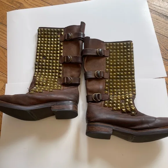 Jeffrey Campbell Brown Leather Gold Studded Boots Biker Gothic Women’s 10 Heavy