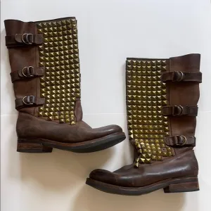 Jeffrey Campbell Brown Leather Gold Studded Boots Biker Gothic Women’s 10 Heavy