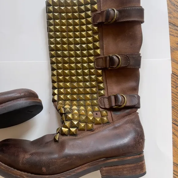 Jeffrey Campbell Brown Leather Gold Studded Boots Biker Gothic Women’s 10 Heavy