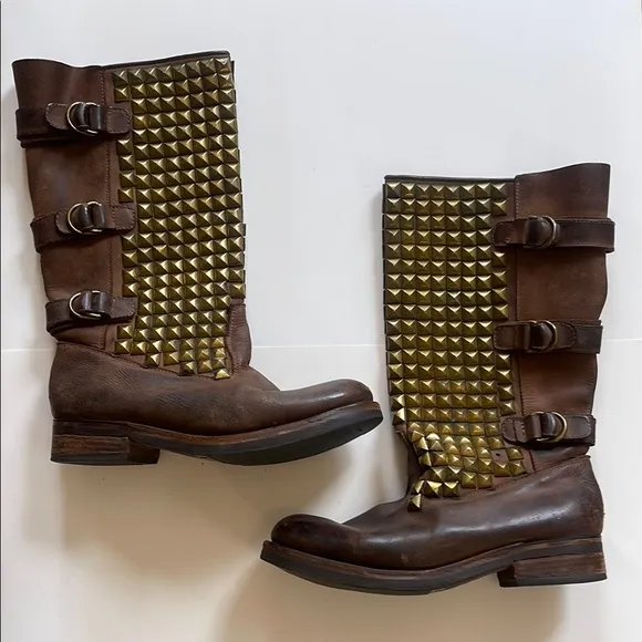 Jeffrey Campbell Brown Leather Gold Studded Boots Biker Gothic Women’s 10 Heavy