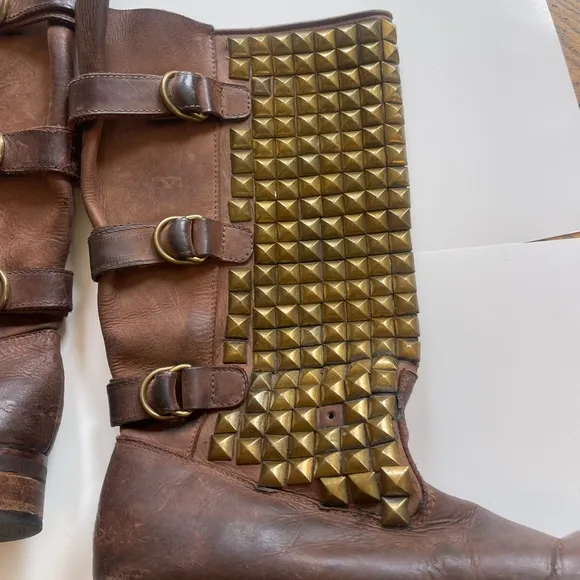 Jeffrey Campbell Brown Leather Gold Studded Boots Biker Gothic Women’s 10 Heavy