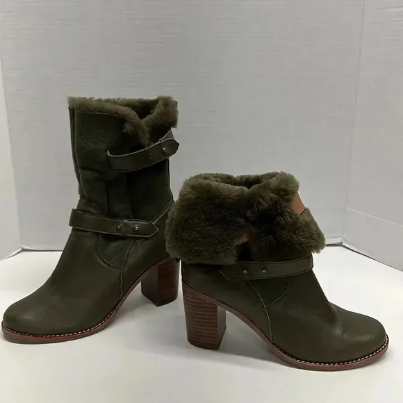 Jeffrey Campbell Heeled Boots Sherpa Lined Roll Down Winter Army Green Size 8