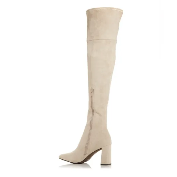 Jeffrey Campbell Ice Suede Cream Tan Over-the-Knee Pointed Toe Heeled Boots