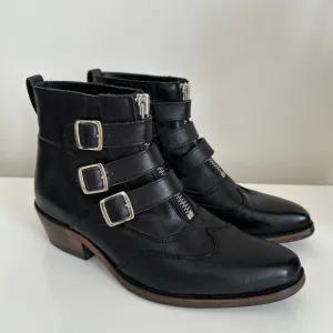 John Fluevog Women’s Jett Black Silver Triple Buckle Leather Boots Size 9