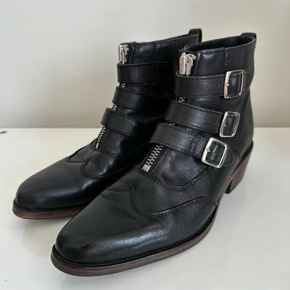 John Fluevog Women’s Jett Black Silver Triple Buckle Leather Boots Size 9